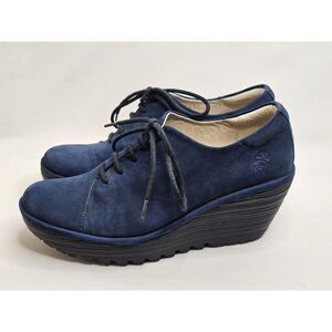 Fly London Womens Size 8-8.5 EU 39 Yumi Navy Blue Suede Platform Wedge Booties